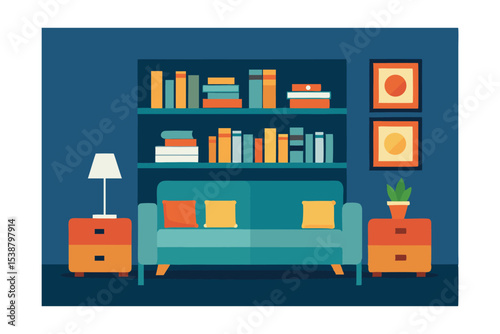Cozy Living Room Interior Design Bookshelves, Sofa, and Modern Decor