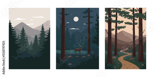 Three colorful vector banners featuring a forest scene with trees and a deer, perfect for woodland or wildlife-themed illustration sets
