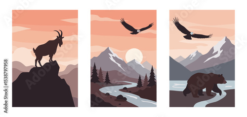 Three colorful vector animals in a mountainous landscape beside a flowing river, showcasing nature's beauty and diversity in scenic wildlife art
