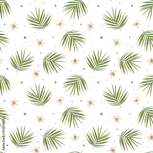 Seamless tropical pattern with watercolor palm leaves and white flowers. Fresh botanical design perfect for summer fabrics, wallpapers and tropical products.