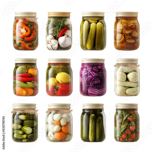 Colorful Assortment of Pickled Vegetables in Glass Jars, Fresh Ingredients for Healthy Meals, Perfect for Home Canning Enthusiasts on transparent background