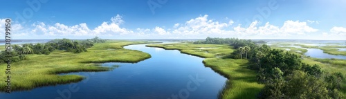 A serene panoramic view of a winding river flowing through lush green marshlands under a bright blue sky with scattered clouds.