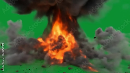 Spectacular Fiery Explosion with Smoke and Debris Green Screen VFX Footage