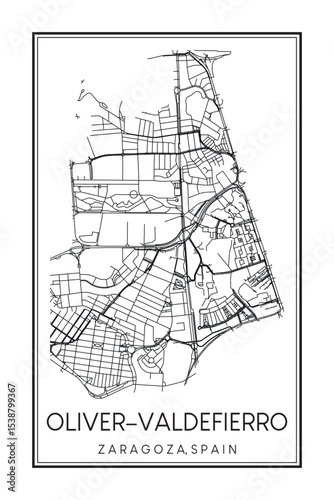 Hand drawn printable downtown road map poster of district OLIVER–VALDEFIERRO of the Spanish city of ZARAGOZA on solid white background with city name