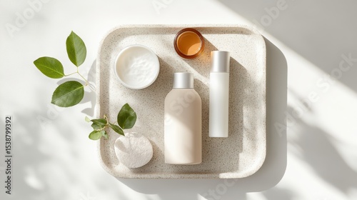 Minimalist skincare set with bottles, cream, cotton pads, green leaves, and honey on a speckled tray, illuminated by soft natural light.