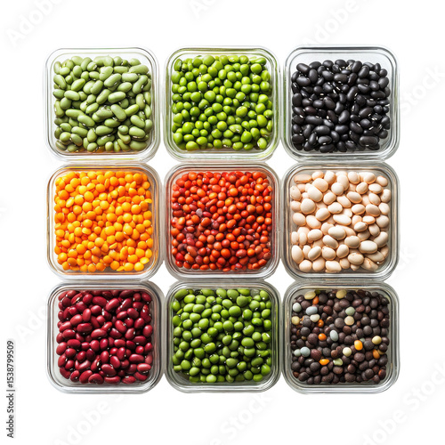 Colorful Variety of Legumes and Beans in Clear Containers, Perfect for Healthy Cooking and Meal Prep on transparent background