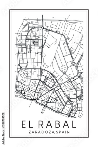 Hand drawn printable downtown road map poster of district EL RABAL of the Spanish city of ZARAGOZA on solid white background with city name