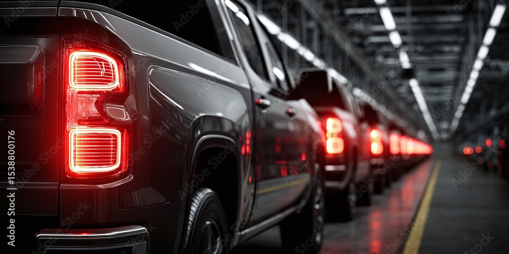 Fototapeta premium Truck assembly line featuring new vehicles, showcasing automotive production in a factory setting. Modern design and advanced manufacturing.