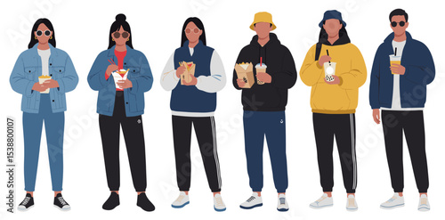 Flat vector of people carrying takeout food and drinks