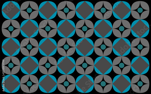 abstract seamless pattern. A calm, floral-inspired batik design with subtle Indonesian ethnic style. The layout features a soft gray background with teal highlights.