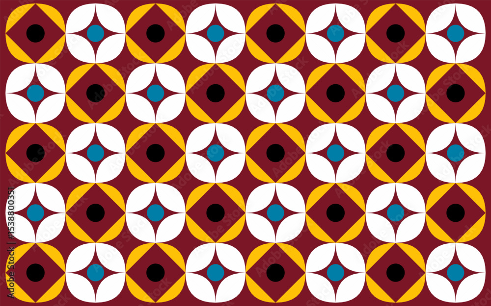 Vibrant Indonesian batik pattern with red tones and floral geometry. Ethnic style background radiating energy and heritage through bold shapes and warm color fusion. Floral background design 