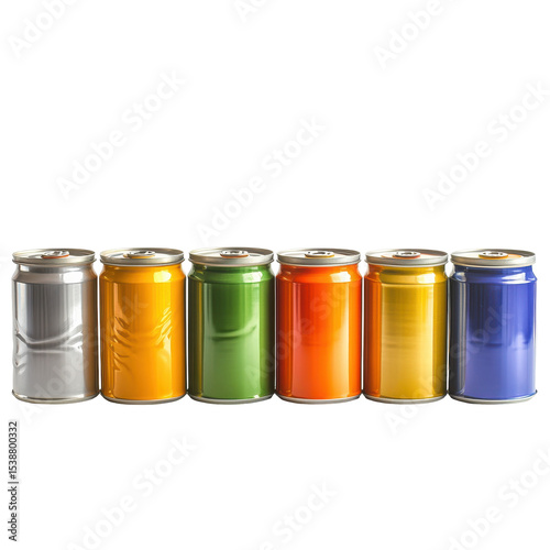 Colorful Assortment of Aluminum Cans in Various Hues, Perfect for Refreshing Beverages and Creative Recycling Ideas on transparent background