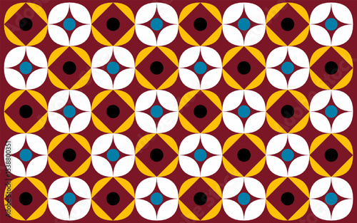 Vibrant Indonesian batik pattern with red tones and floral geometry. Ethnic style background radiating energy and heritage through bold shapes and warm color fusion. Floral background design 