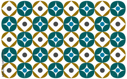 Indonesian ethnic style batik background with teal floral motifs and golden circles. This symmetrical design blends tradition with minimalism, perfect for modern textile aesthetics. Floral background 
