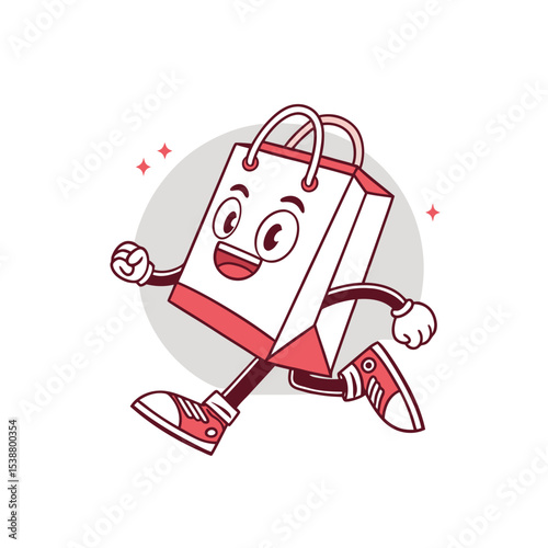 Joyful Shopping Bag Mascot: A charming illustration of a shopping bag character, brimming with energy and happiness, embodies the spirit of retail and the pleasure of shopping.