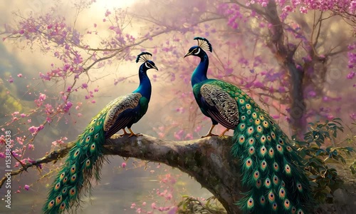 Colorful peacocks perched in a garden
