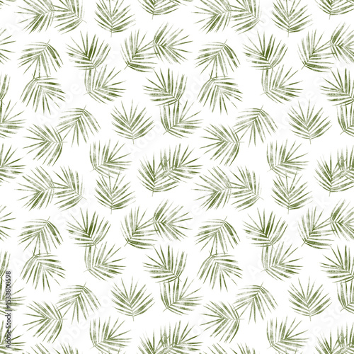 Seamless tropical pattern with delicate hand-drawn palm leaves. Elegant and fresh, perfect for summer fabrics, fashion design, eco-packaging and exotic-themed decor.