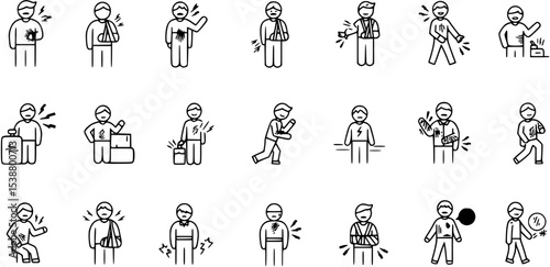 vector set of Work Related Injury Icon – Person Wearing a Sling, man broken arm wearing splint icon, accident injuries icon
