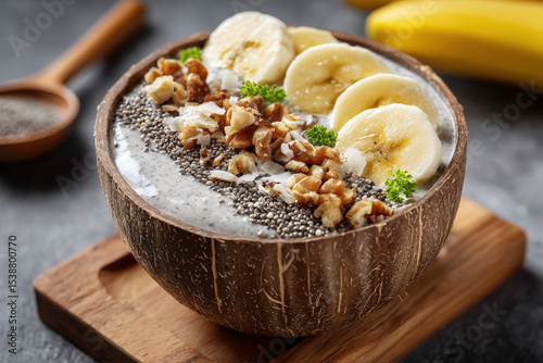 A creamy smoothie bowl topped with sliced bananas, chia seeds, walnuts, and coconut flakes, served in a rustic coconut shell on wooden board.
