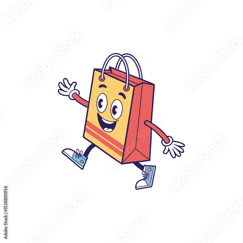Joyful shopping bag: A delightful illustration of a cartoon shopping bag with a cheerful face. Its playful expression and lively stance create a sense of excitement and happiness.
