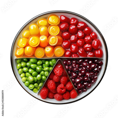Colorful Assortment of Fresh Fruits and Candies in a Circular Platter on transparent background