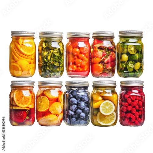 Colorful Jars of Fresh Fruits and Vegetables Preserved for Culinary Delights in a Bright Kitchen Setting on transparent background