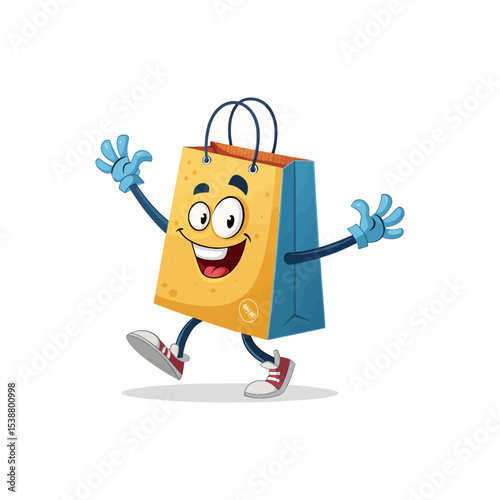 Shopping Bag Mascot: An energetic, cartoon shopping bag character spreads happiness and positivity, perfect for retail and e-commerce promotions.