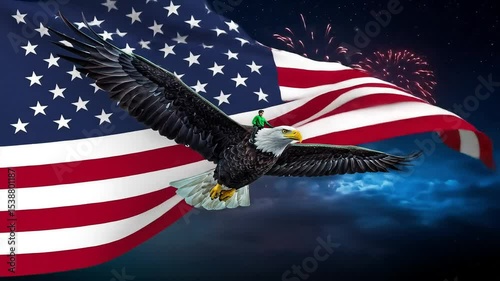 Majestic Bald Eagle Soaring Above American Flag with Fireworks Display A Patriotic Image