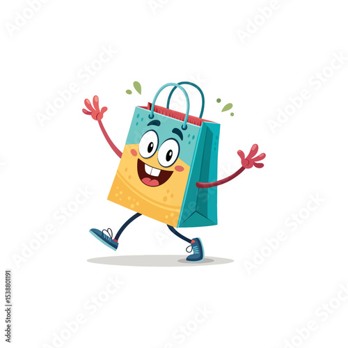 Shopaholic's Delight: A cartoon shopping bag with an infectious grin and upraised arms.  Celebrating the joy of shopping, this whimsical illustration evokes feelings of consumer bliss.