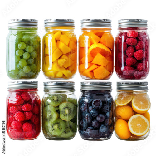 Colorful Assortment of Freshly Preserved Fruits in Jars for Healthy Living and Cooking Ideas on transparent background