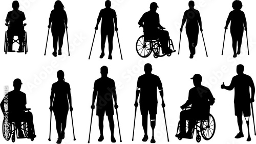 Diverse Silhouettes of Disabled Individuals: Wheelchair Users, Leg Blades, and Amputees in Line Illustration Against White Background
