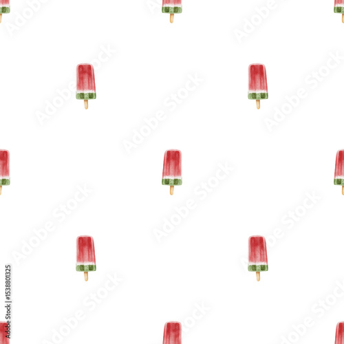 Playful seamless pattern with watercolor watermelon ice cream. Fun and refreshing design, perfect for summer products, kids clothing, party decor and packaging.