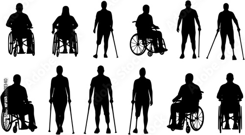 Diverse Silhouettes of Disabled Individuals: Wheelchair Users, Leg Blades, and Amputees in Line Illustration Against White Background
