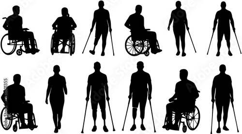 Diverse Silhouettes of Disabled Individuals: Wheelchair Users, Leg Blades, and Amputees in Line Illustration Against White Background
