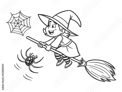 Halloween witch flying on a broom. Black and white vector illustration for coloring book