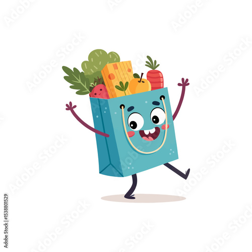 Grocery Bag Character: A blue grocery bag character happily carrying a bounty of fresh produce, personifying the joy of healthy eating and sustainable lifestyle choices.