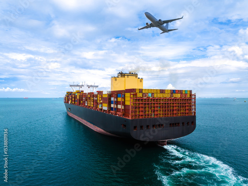 plane logistic and cargo container ship sailing in sea  import export goods and distributing products to dealer and consumers across worldwide, by container ship industry