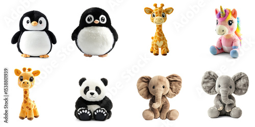 Collection of round, fluffy penguin plush, waddling slightly, with tiny flippers outstretched. isolate on transparent background