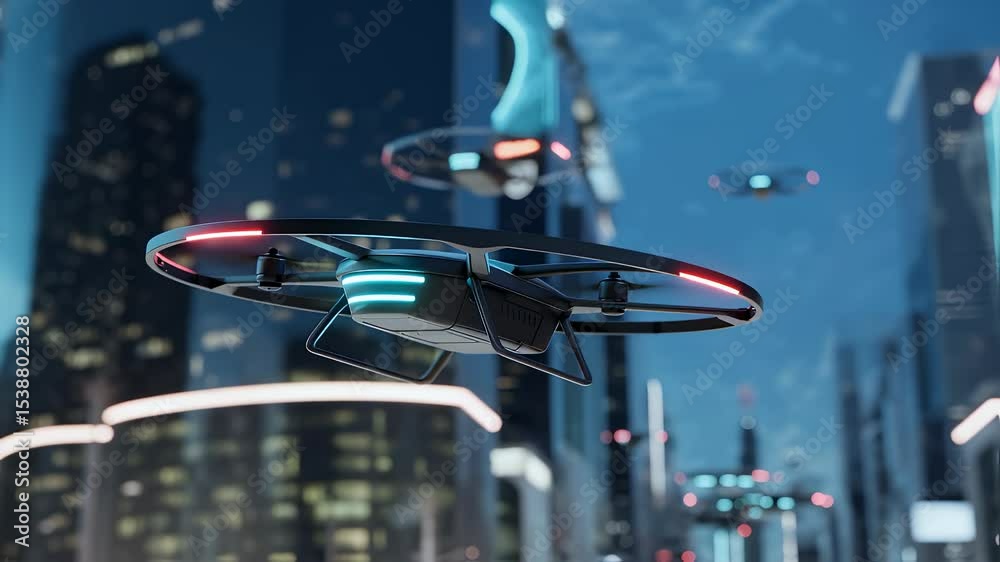 Futuristic Drone Delivery: Sleek, futuristic drones navigate a vibrant cityscape at twilight, delivering packages with precision and efficiency.