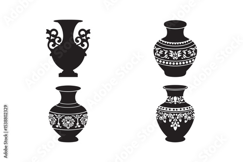 Vintage Vase Silhouettes with Ornamental Floral Designs Black and White Pottery Clipart Collection
