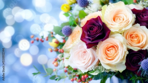 Beautiful flower bouquet with roses and seasonal blooms in soft lighting