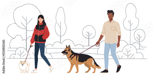  Flat vector dog walkers in urban park