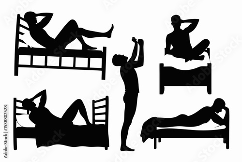 Silhouette figures in various poses on beds and standing with arms raised on a white background created with generated ai