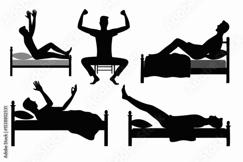 Silhouettes of people stretching and relaxing in different poses on beds and a chair on a white background created with generated ai