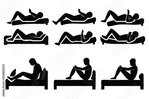 Collection of silhouetted figures in various positions of lying and sitting on beds in black and white created with generated ai