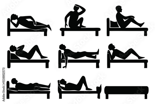 Silhouettes showing different sleeping and sitting positions on beds in black and white design created with generated ai