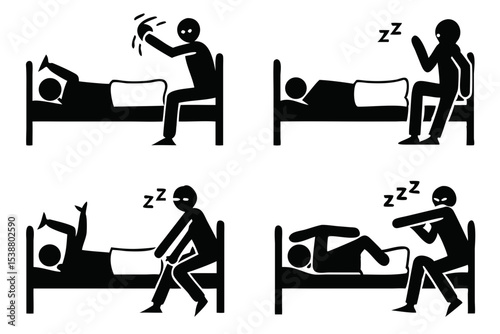 Stick figures depicting sleep disturbances and insomnia in four different scenarios shown in black created with generated ai