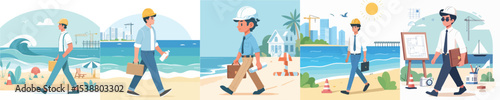 vector architect walking on the beach