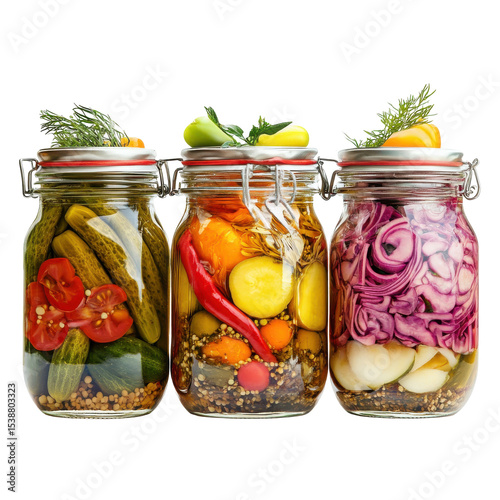 Colorful Jars of Pickled Vegetables with Fresh Ingredients in a Bright Setting on transparent background