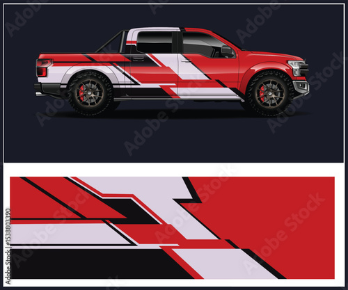Red and White Truck Wrap Design with Geometric Stripes